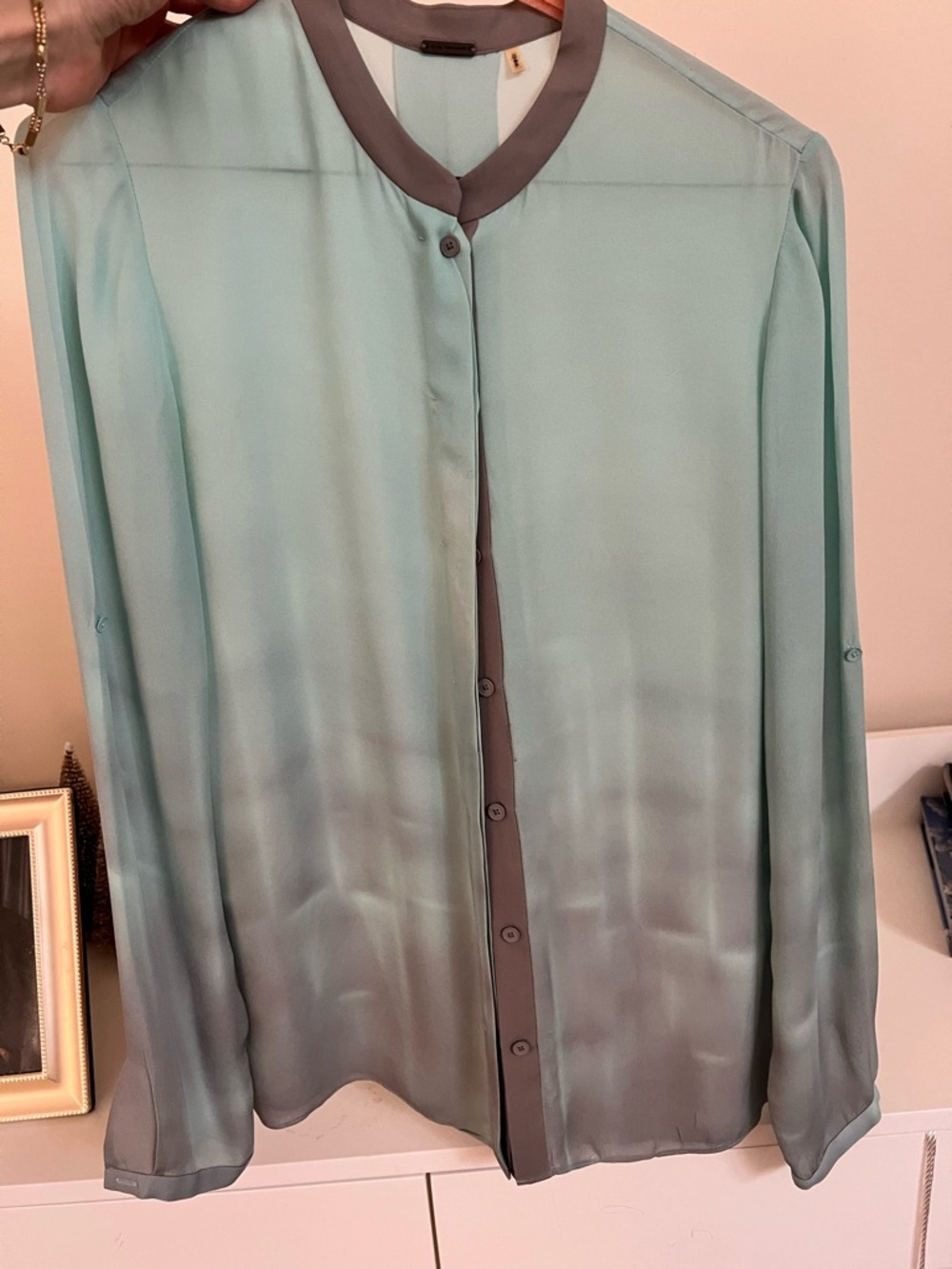 Mint Green and Grey Silk Button-Down Blouse